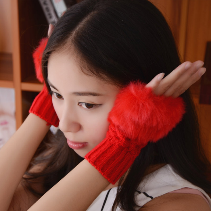 Guantes de color liso para invierno, guantes cálidos de lana de felpa, guantes de medio dedo para mujer