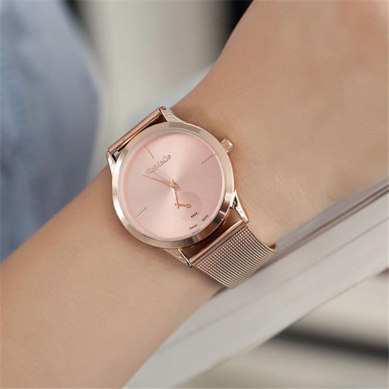 Reloj de malla con cinturón de aleación de moda, relojes unisex para mujer, reloj de cuarzo de estilo minimalista, reloj femenino saat, relojes para mujeres y hombres