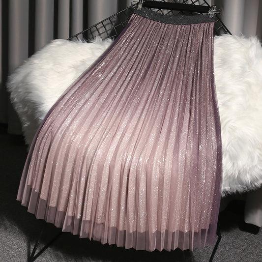 High-end Mesh Skirts Are Thinner Women's Summer Mid-length Skirt Gradient Color Mid-length Pleated Skirt