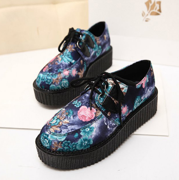 Zapatos de mujer Zapatos de plataforma plana Zapatos casuales de mujer negros con cordones Creepers de punta redonda Mujer