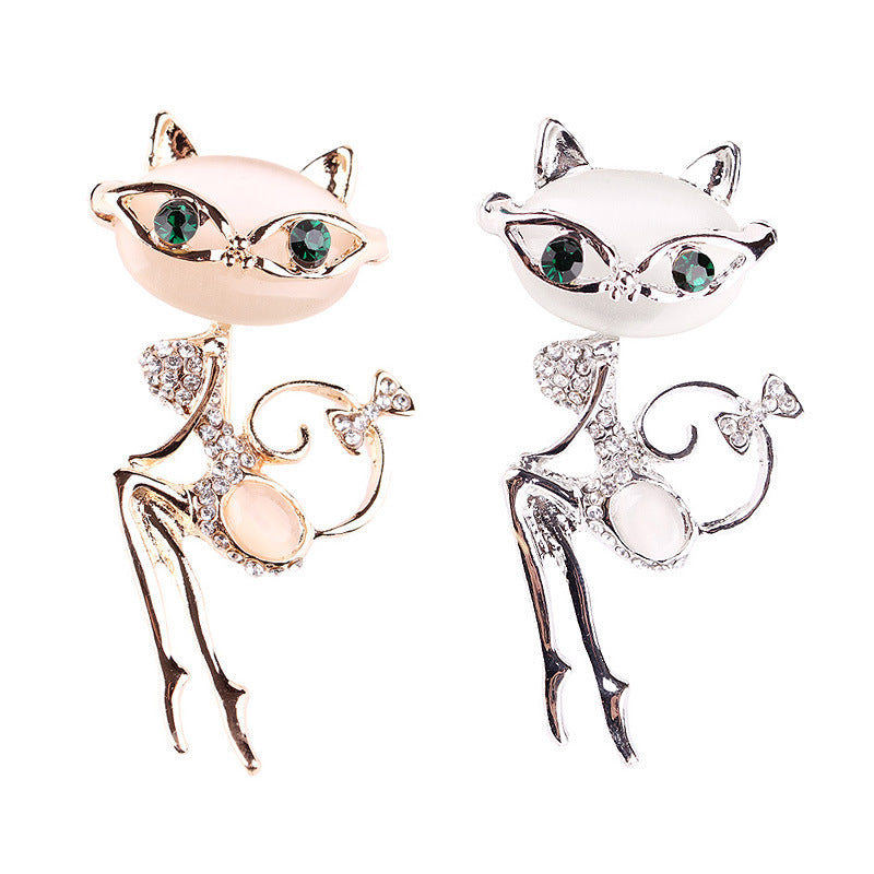 Broches de plata con forma de gato, joyas con diamantes de imitación