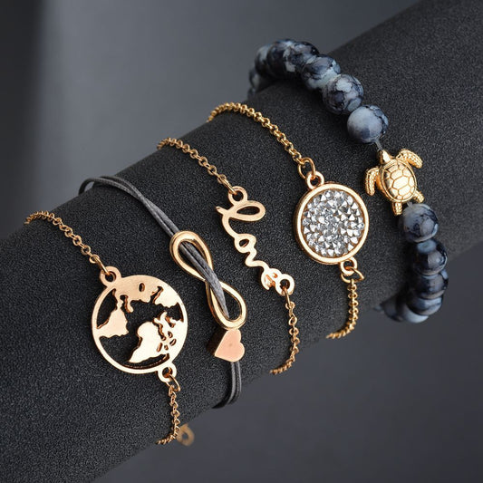 Conjunto de pulseras con dijes de mapa de corazón de tortuga Vintage para mujer, 2 cuentas de piedra de nuevo diseño, pulsera infinita, joyería Bohemia al por mayor 