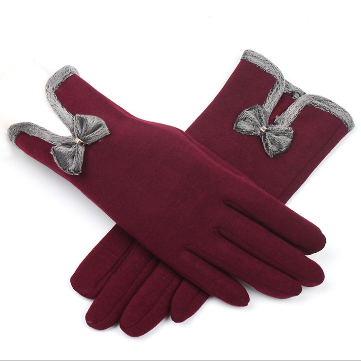 Female Autumn Winter Non-Inverted Velvet Cashmere Full Finger Warm Lace Gloves Women Cotton Touch Screen Bow Tie