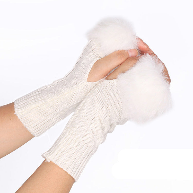 Knitted Gloves for Women Fur Mid Length Half Finger Computer