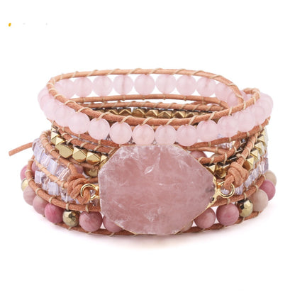 Pulsera de piedra Natural, pulseras envolventes de cuero de cuarzo para mujer, cuentas de gemas rosas, joyería de 5 hebras