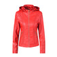 Women's Chest Pocket Hooded Zipper Women Leather Jacket