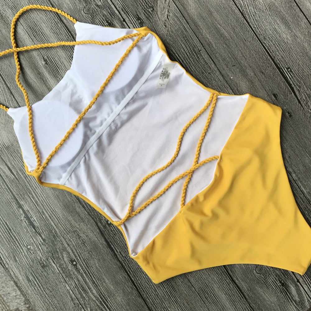 Bikini sin espalda, traje de baño amarillo con múltiples cuerdas, traje de baño brasileño de una pieza para mujer, verano