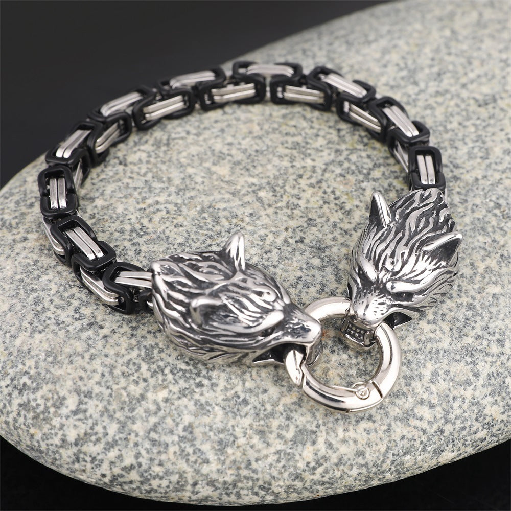 Pulsera de cadena de emperador con cabeza de lobo vikingo nórdico de acero inoxidable para hombre