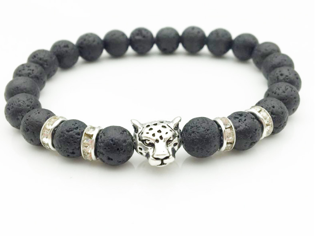 Pulsera de cuentas de piedra de Lava Natural de 8mm para hombres, pulsera con colgante de leopardo con cabeza de leopardo, joyería hecha a mano