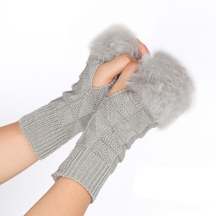 Knitted Gloves for Women Fur Mid Length Half Finger Computer