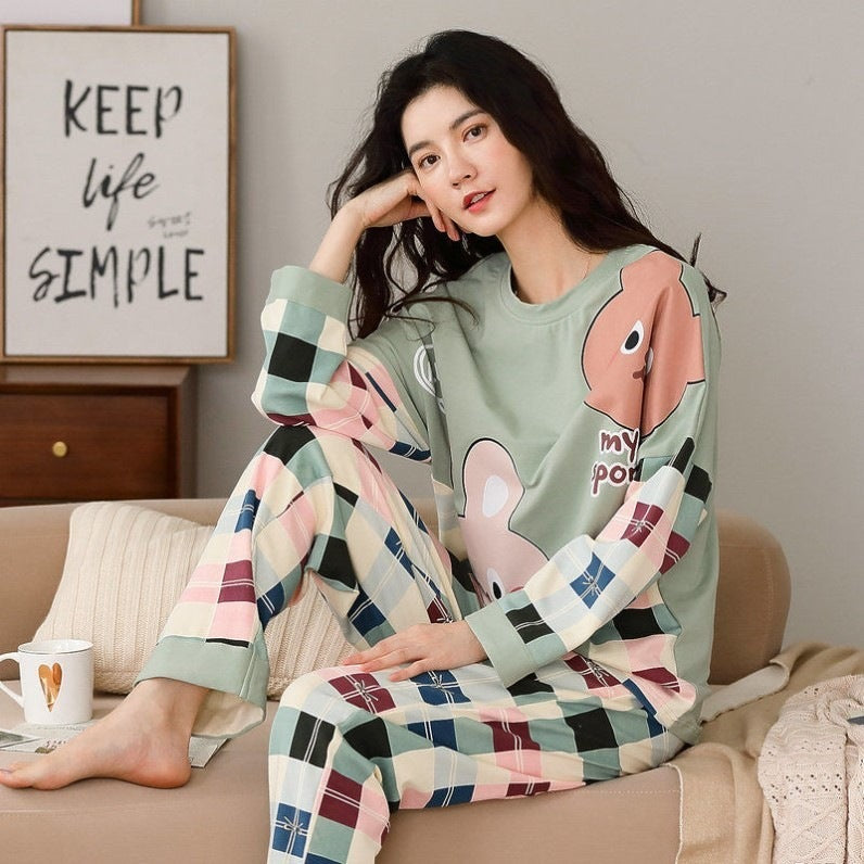 Conjunto de pijamas para mujer, ropa de dormir con estampado de dibujos animados lindo, conjuntos de salón de 2 piezas