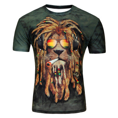 Moda europea y americana en verano, camiseta de manga corta con estampado 3D de leones para hombre, camiseta 3D al por mayor