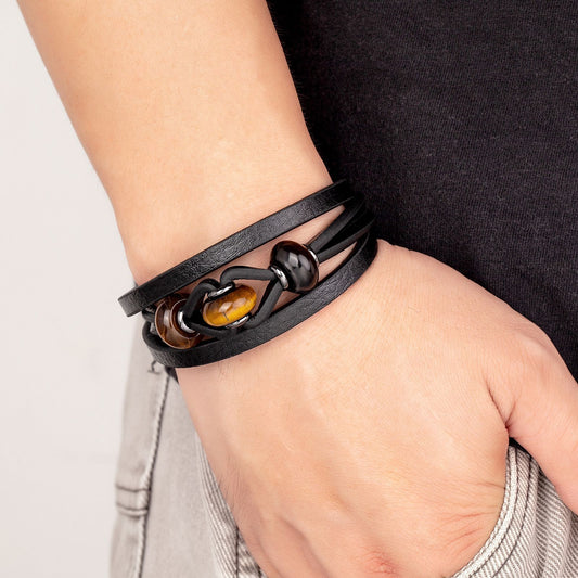 Leather Rope Bracelet Stainless Steel Buckle Multi Layer Leather Men