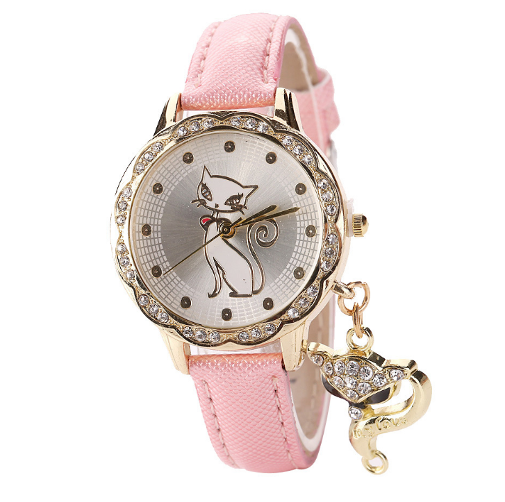 Reloj de pulsera con diseño de gato bonito a la moda, reloj de regalo para mujer y niña, relojes de pulsera de cuarzo de cuero analógico con diamantes de lujo