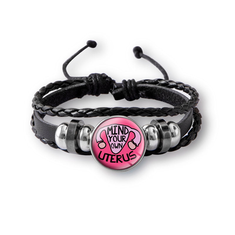 Mind Your Own Uterus Pulsera con dije de botón a presión de vidrio, pulseras de cuero multicapa Vintage para mujeres y hombres