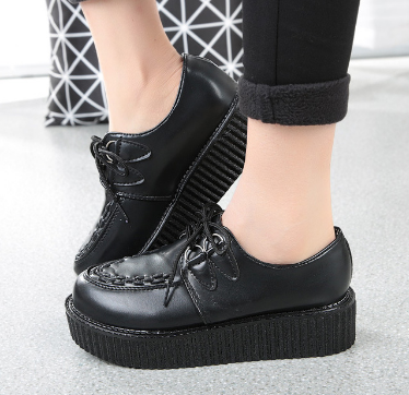 Zapatos de mujer Zapatos de plataforma plana Zapatos casuales de mujer negros con cordones Creepers de punta redonda Mujer