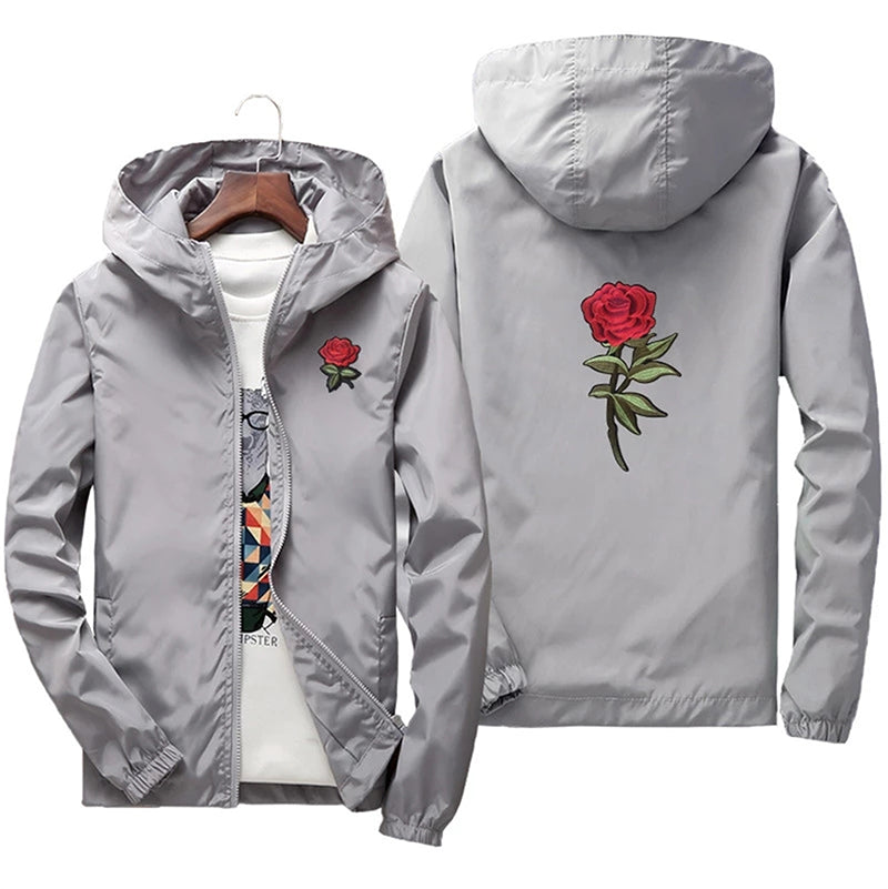 Rose Bomber Hombres Chaqueta Hip Hop Slim Fit Flores Piloto Hombres Abrigo Hombres Chaquetas Con Capucha