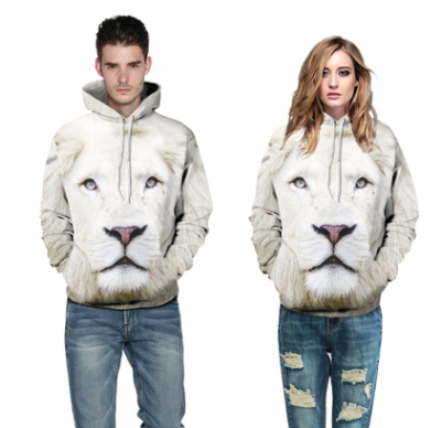 Men's autumn and winter models 3D white lion hooded sweater casual large size lovers