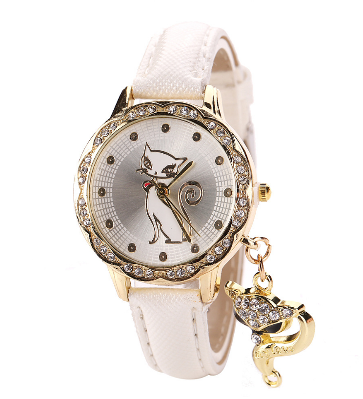 Reloj de pulsera con diseño de gato bonito a la moda, reloj de regalo para mujer y niña, relojes de pulsera de cuarzo de cuero analógico con diamantes de lujo