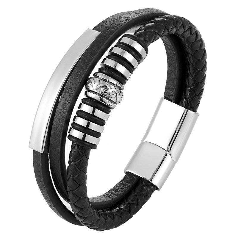 Pulsera de cuero de acero inoxidable para hombre tejida a mano 