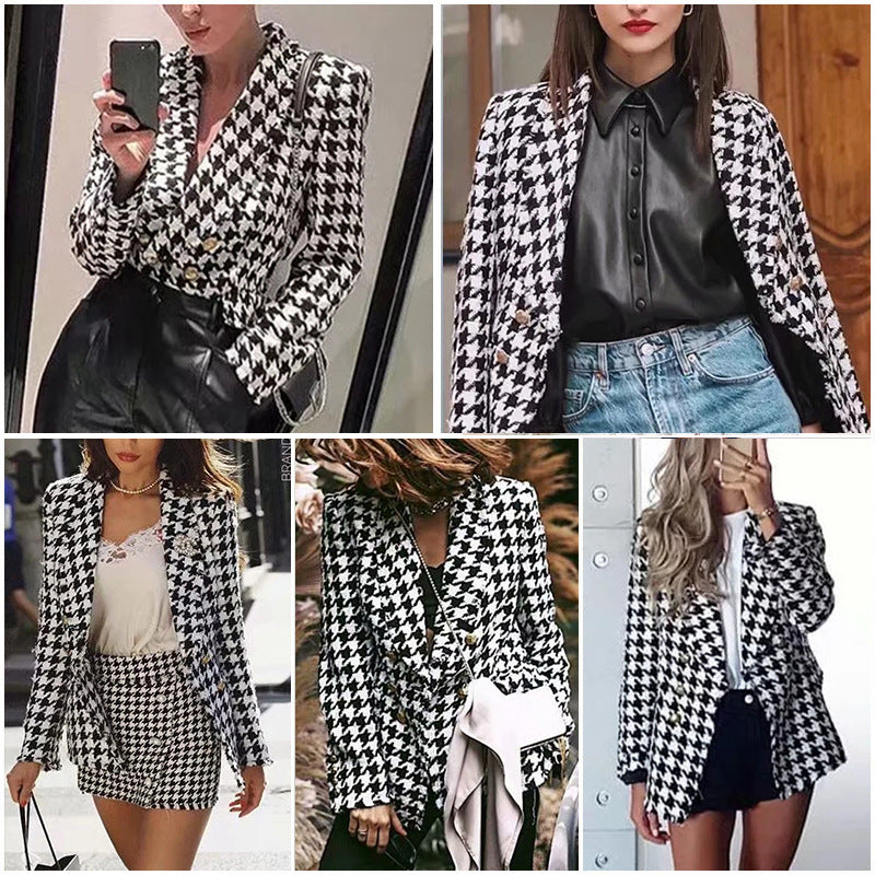 Chaqueta de pata de gallo para mujer, chaqueta a cuadros gruesa retro de otoño