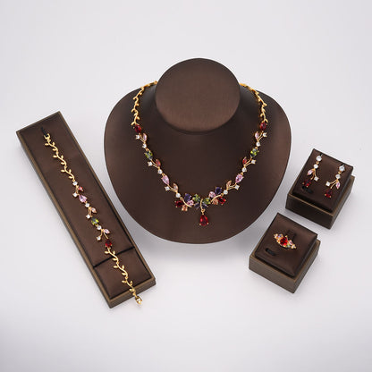 Collar de circón de flores para mujer, conjunto de joyería chapado en oro de 22k de lujo exquisito, joyería de circón de color de compromiso, conjunto de 4 Uds.