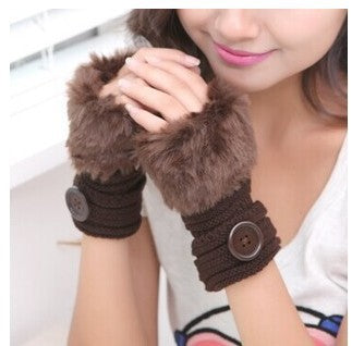 Faux rabbit fur warm fingerless wool winter knitted gloves women