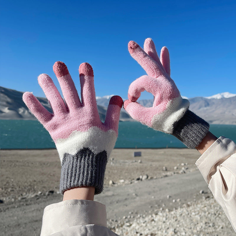 Otoño e invierno contraste de color lindo más guantes de punto de terciopelo mujeres