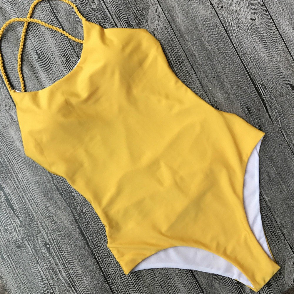 Bikini sin espalda, traje de baño amarillo con múltiples cuerdas, traje de baño brasileño de una pieza para mujer, verano