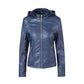 Women's Chest Pocket Hooded Zipper Women Leather Jacket