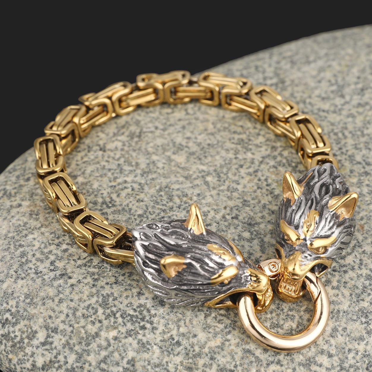 Pulsera de cadena de emperador con cabeza de lobo vikingo nórdico de acero inoxidable para hombre