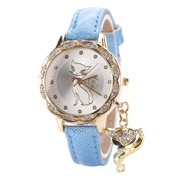 Reloj de pulsera con diseño de gato bonito a la moda, reloj de regalo para mujer y niña, relojes de pulsera de cuarzo de cuero analógico con diamantes de lujo