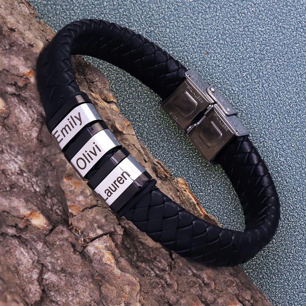 Pulsera de cuero personalizada con nombre para hombre tejida en negro