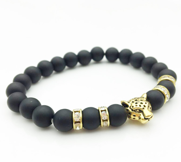 Pulsera de cuentas de piedra de Lava Natural de 8mm para hombres, pulsera con colgante de leopardo con cabeza de leopardo, joyería hecha a mano