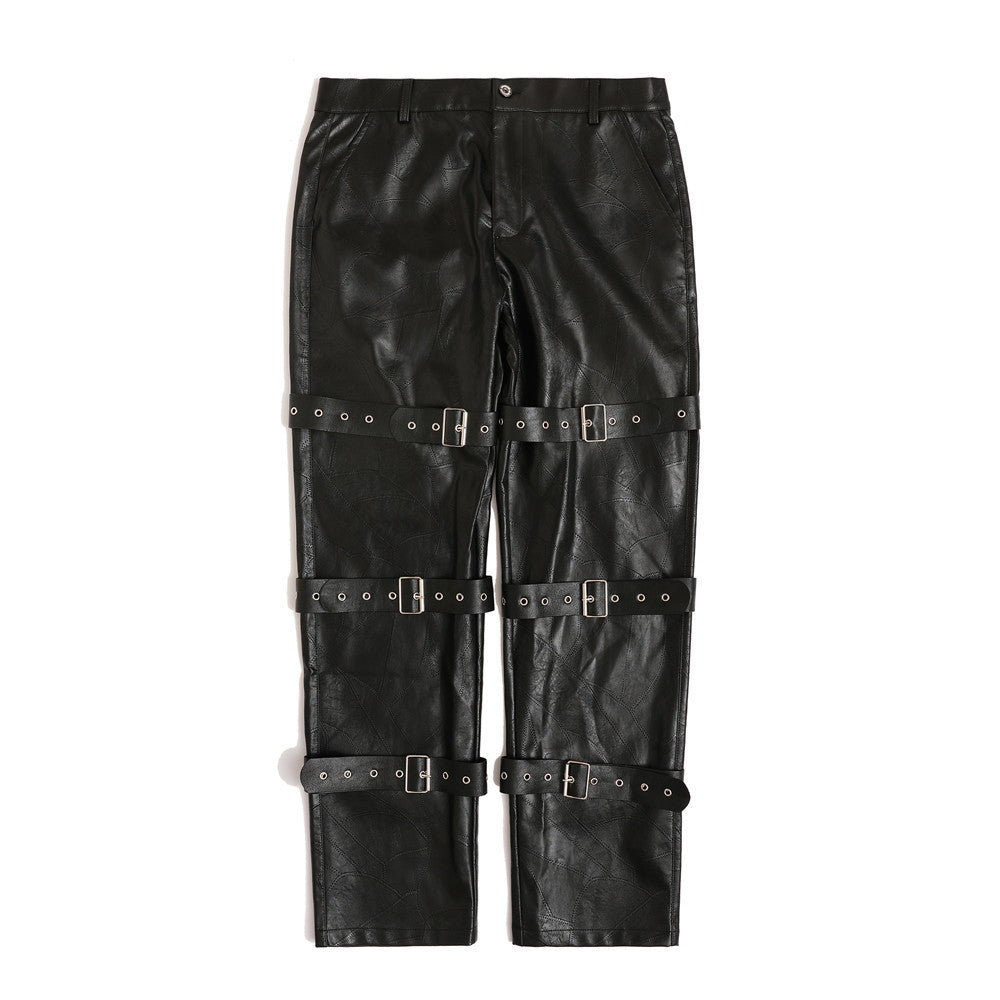 Pantalones de cuero PU con diseño de corbata estilo punk para hombres