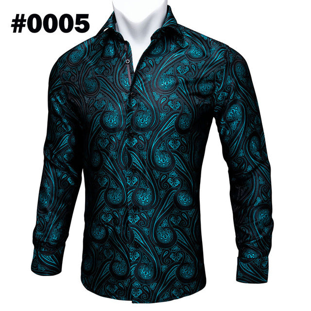 Camisas Barry.Wang Teal Paisley de seda Floral para hombre, camisas informales de manga larga de otoño con flores para hombre, camisa de vestir de diseñador, BCY-05