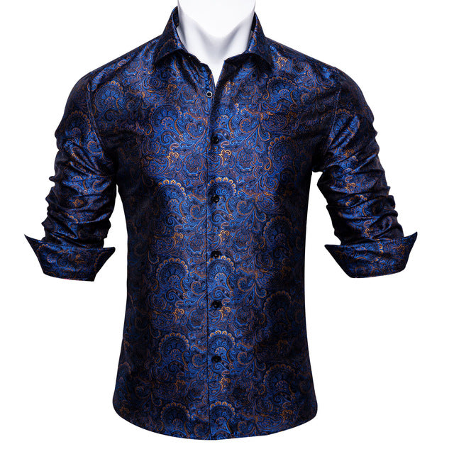 Camisas Barry.Wang Teal Paisley de seda Floral para hombre, camisas informales de manga larga de otoño con flores para hombre, camisa de vestir de diseñador, BCY-05