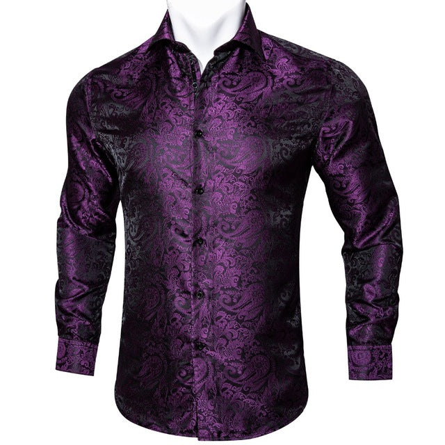 Camisas Barry.Wang Teal Paisley de seda Floral para hombre, camisas informales de manga larga de otoño con flores para hombre, camisa de vestir de diseñador, BCY-05