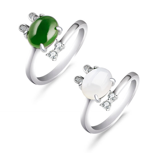 Venta al por mayor de anillos ajustables de plata de ley 925 con diseño de conejo Retro de Jade para mujer, anillos de jaspe con garra