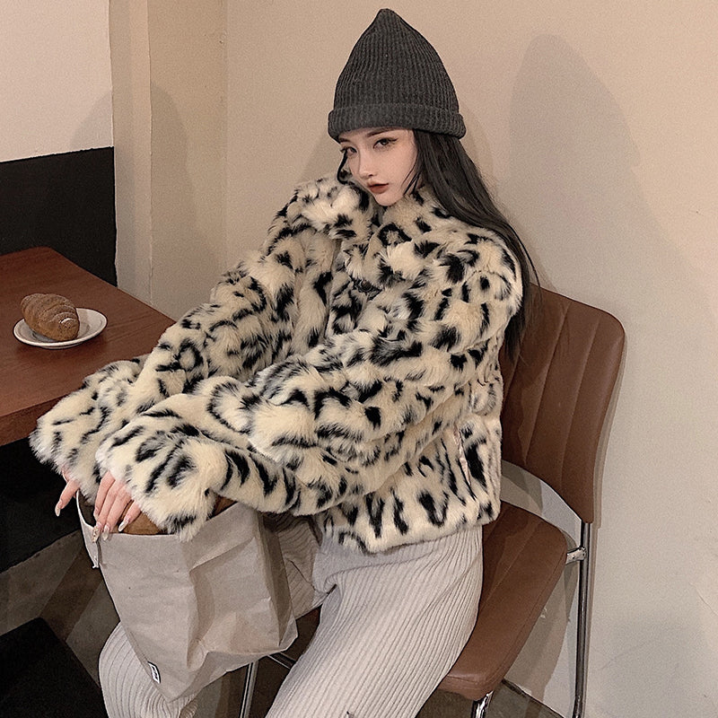 Leopard Print Jacket Women Loose Quilted Lapel Long Sleeves