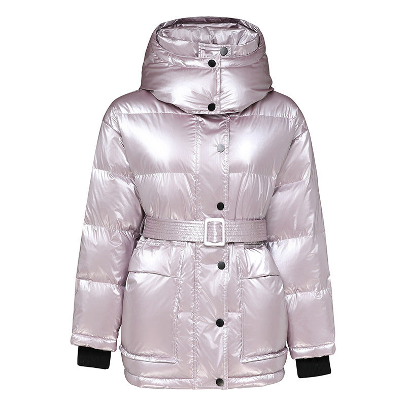 Chaqueta de invierno gruesa de longitud media para mujer, chaquetas de pato blancas con cintura delgada, Parka brillante plateada, abrigo