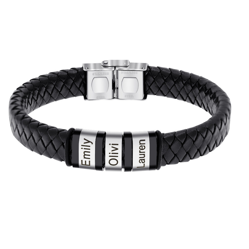 Pulsera de cuero personalizada con nombre para hombre tejida en negro