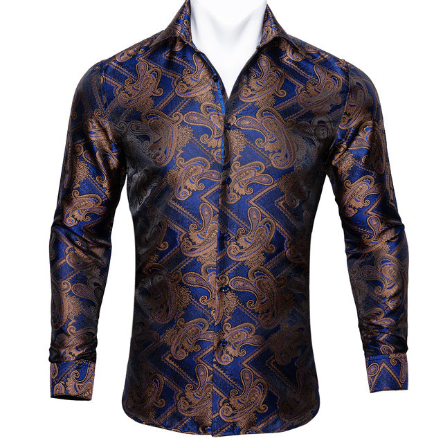 Camisas Barry.Wang Teal Paisley de seda Floral para hombre, camisas informales de manga larga de otoño con flores para hombre, camisa de vestir de diseñador, BCY-05