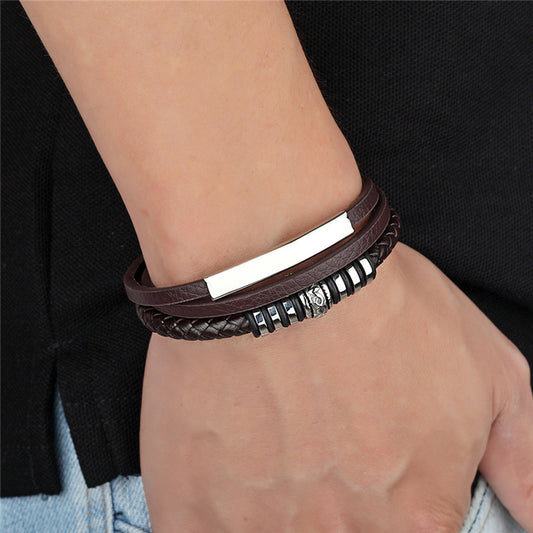 Stainless Steel Leather Bracelet Men Hand Woven