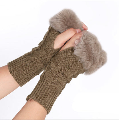 Knitted Gloves for Women Fur Mid Length Half Finger Computer