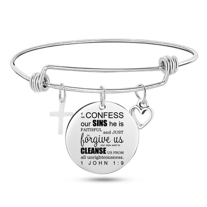 Cross Heart Charms Bible Psalm Stainless Steel Bangle  Bracelets