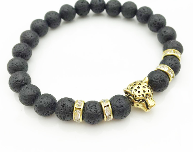 Pulsera de cuentas de piedra de Lava Natural de 8mm para hombres, pulsera con colgante de leopardo con cabeza de leopardo, joyería hecha a mano