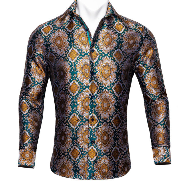 Camisas Barry.Wang Teal Paisley de seda Floral para hombre, camisas informales de manga larga de otoño con flores para hombre, camisa de vestir de diseñador, BCY-05