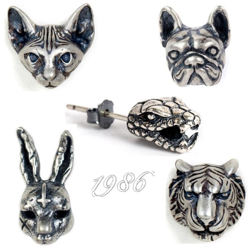 Pendientes de animales estéreo Retro de plata S925 de la serie Dark para hombres y mujeres, pendientes de gato sin pelo de perro Shapi de conejo Tigre