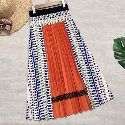 New Women's Skirts Stitching Pleated Skirt Bohemian Plaid A-line Skirt